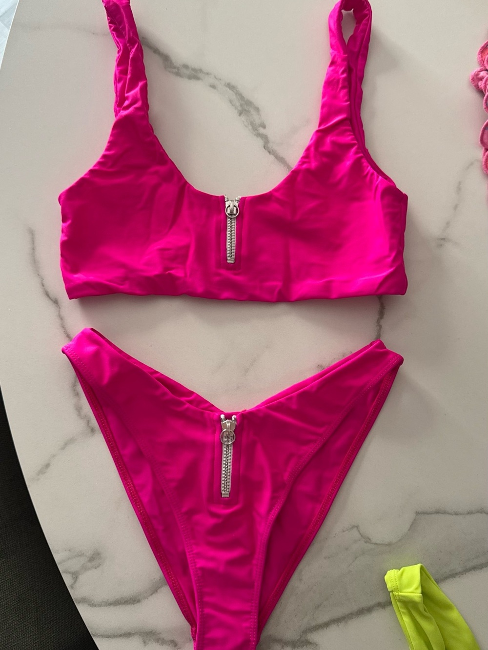 Lovers + Friends Neon Hot Pink Zip Front Bikini Set